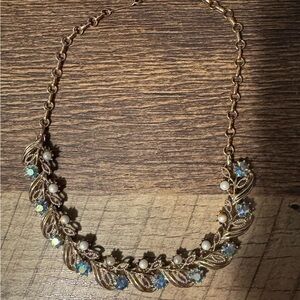 Vintage Coro gold tone leaf aurora borealis pearls necklace MCM